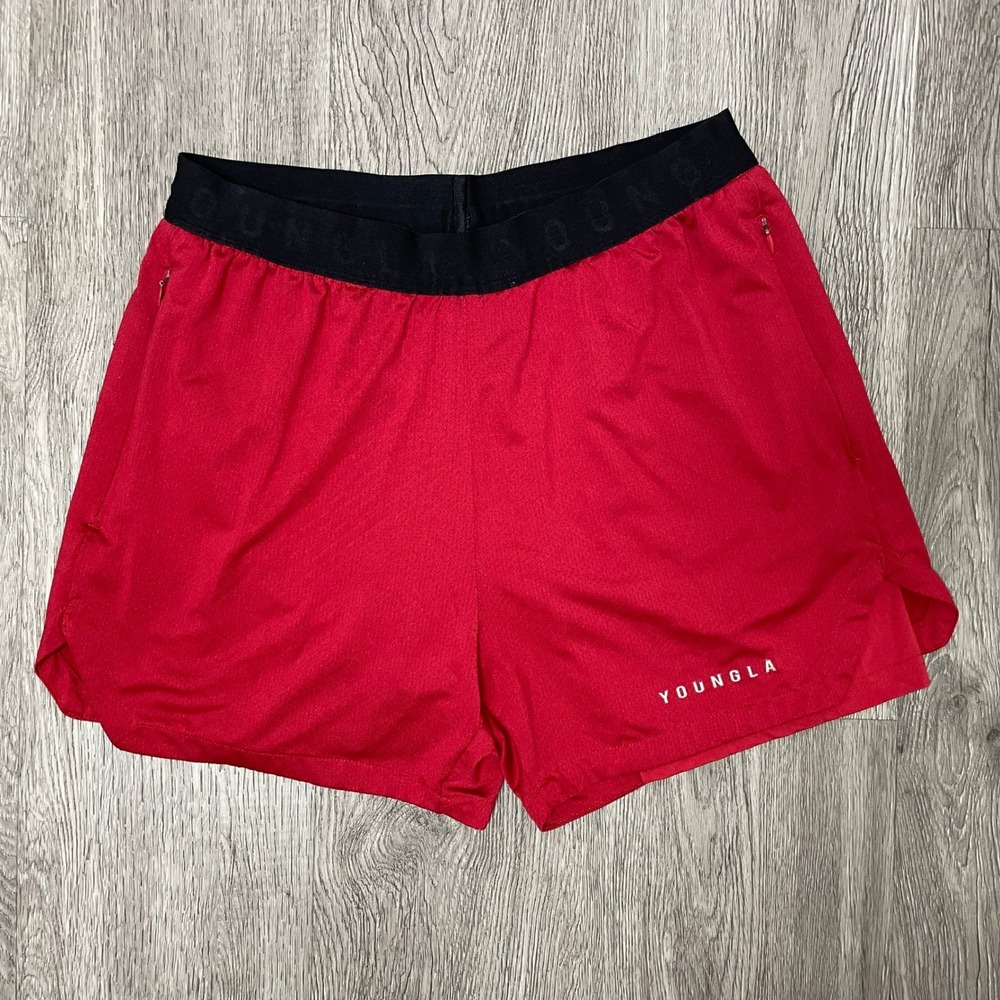 YoungLA Athletic Shorts Mens Small Red Compression Liner Gym Workout Pockets